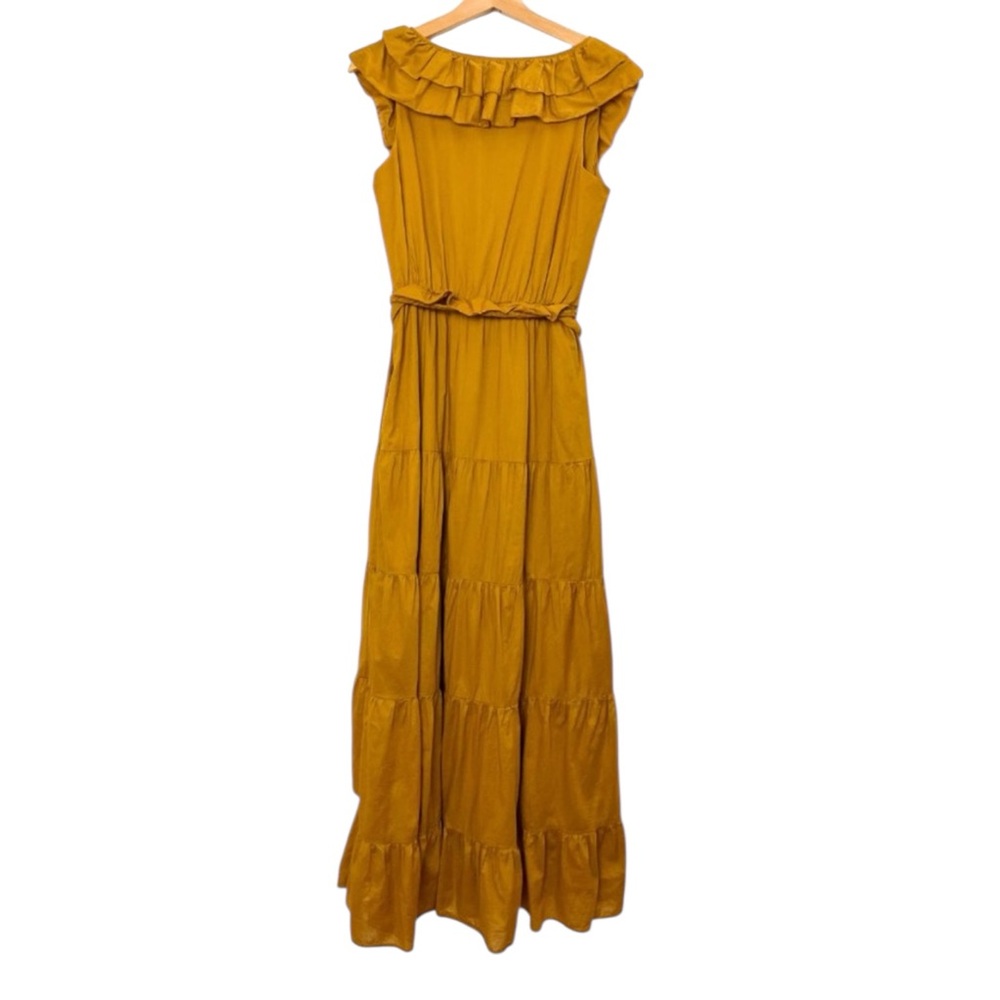 J. Crew Nina Boho Ruffled Romantic Prairie Maxi Dress Gold Bronze V Neck Sz 2 - Picture 9 of 11